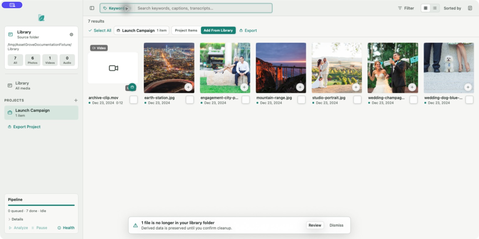 Asset Grove Keywords search mode above the sample media library