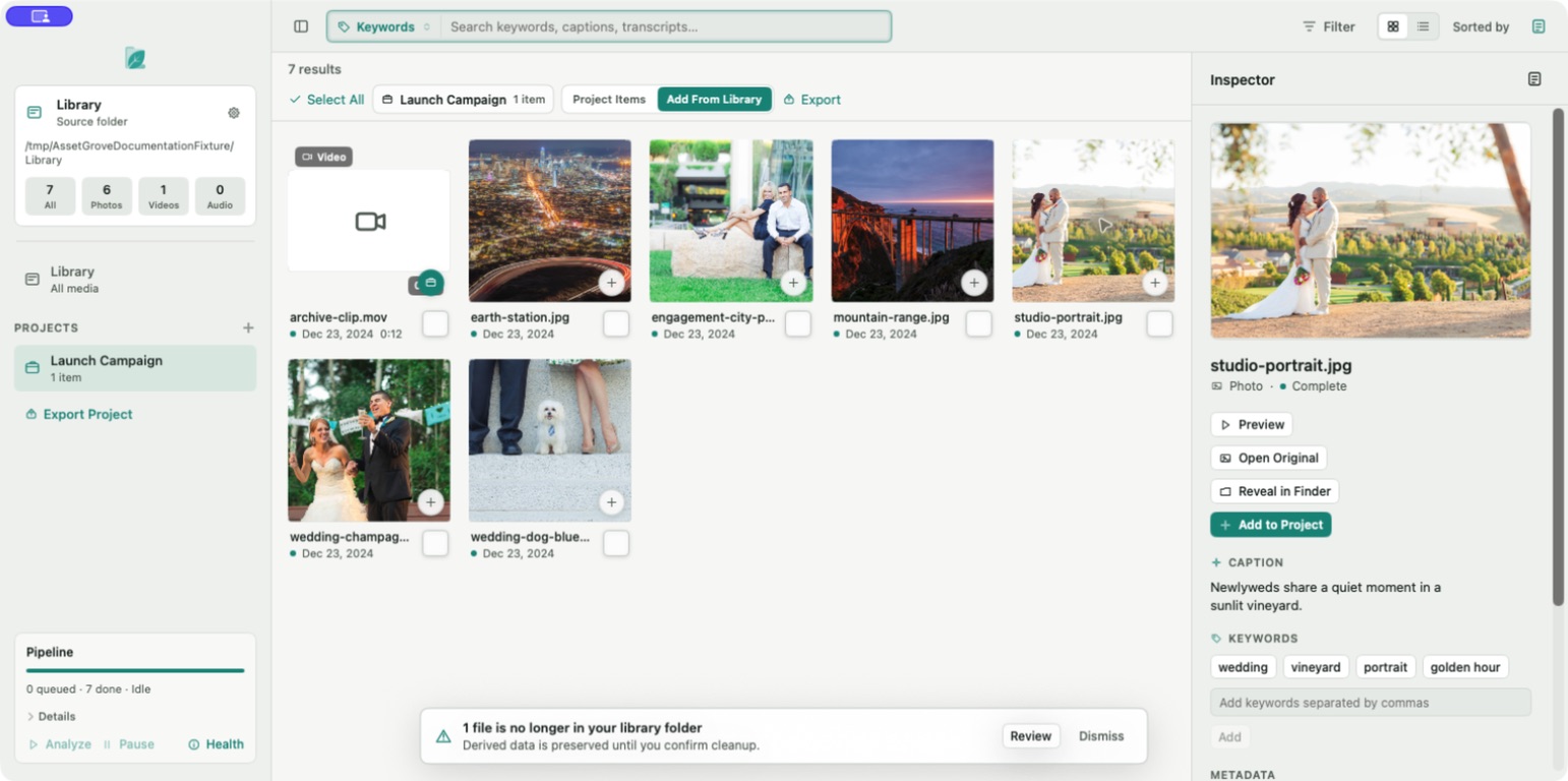 Inspector showing a vineyard wedding preview, caption, keywords, and metadata