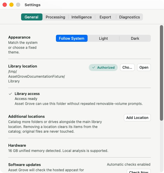 General settings for appearance, library access, updates, and account access