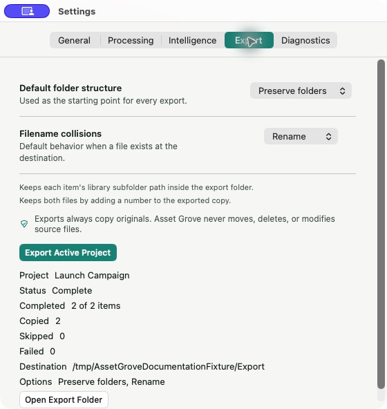 Export settings with defaults and latest report